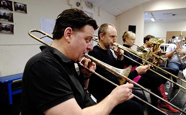 In rehearsal, with York actor Andrew Dunn on trombone. Photograph: York Theatre Royal / Sam Atkins