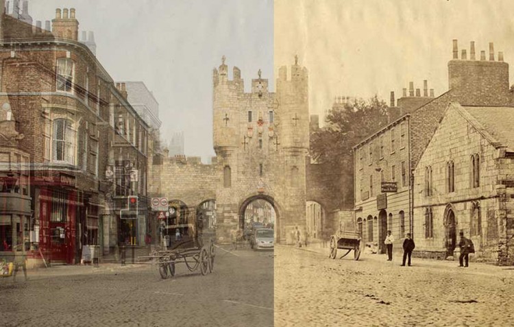 A traffic light is one of the contemporary additions to this time travelling streetscape at Micklegate Bar