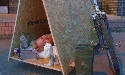 Advert hoarding which doubles as a homeless shelter created in York