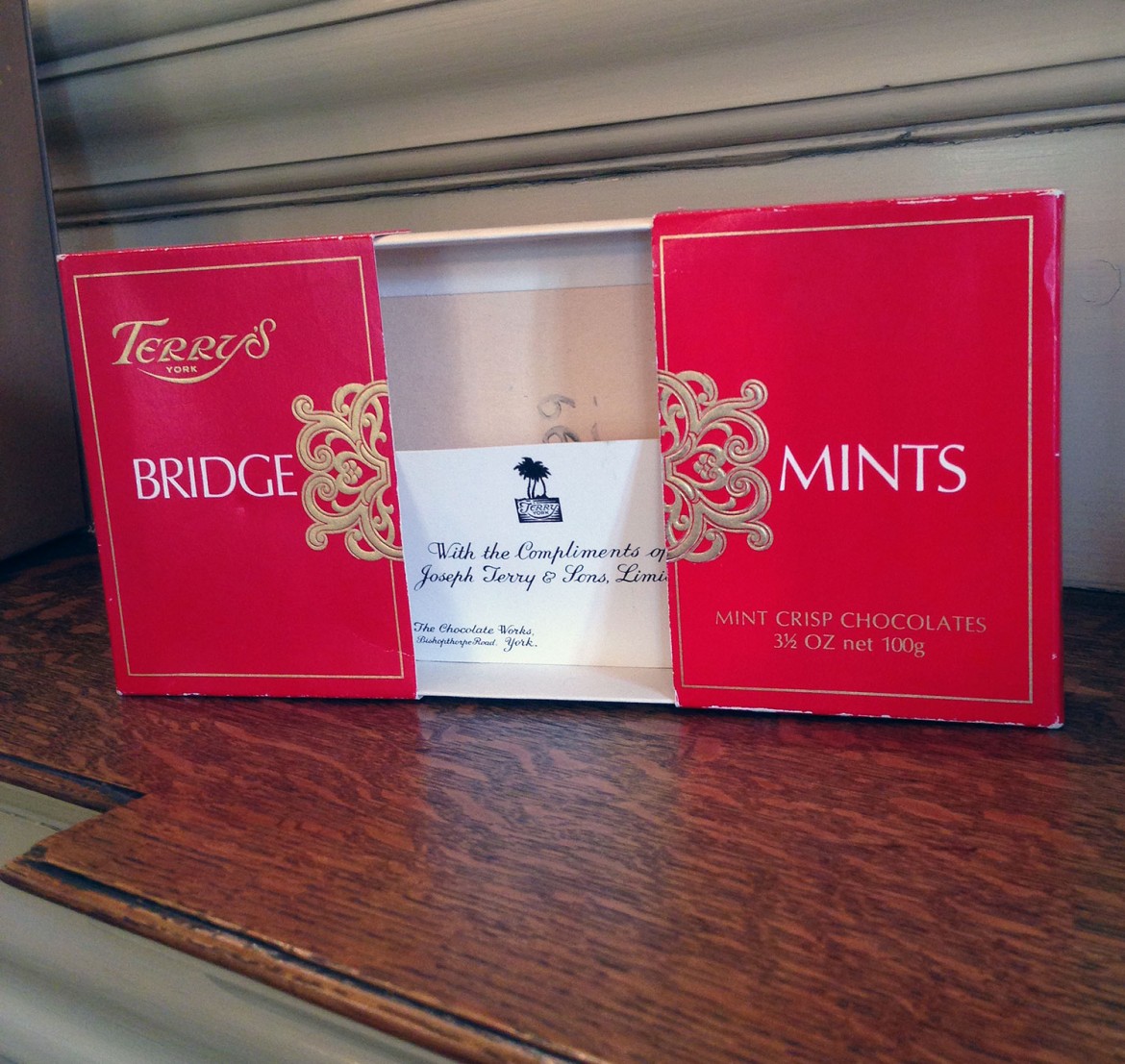 You can see that this box of mint crisps included a business-card-sized compliments slip from Terry's