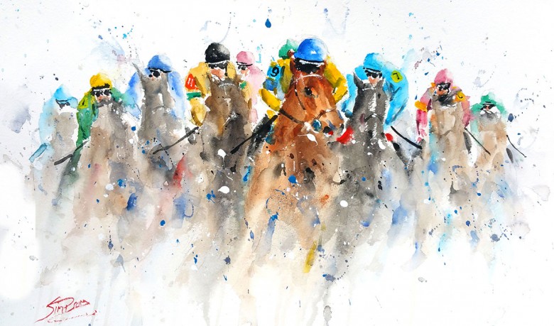 The perfect painting for an event at the racecourse – watercolour by Roger Simpson