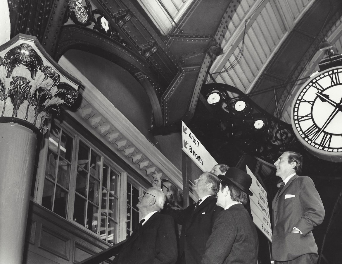 A group gather to admire York station's newly-painted spandrels in 1971