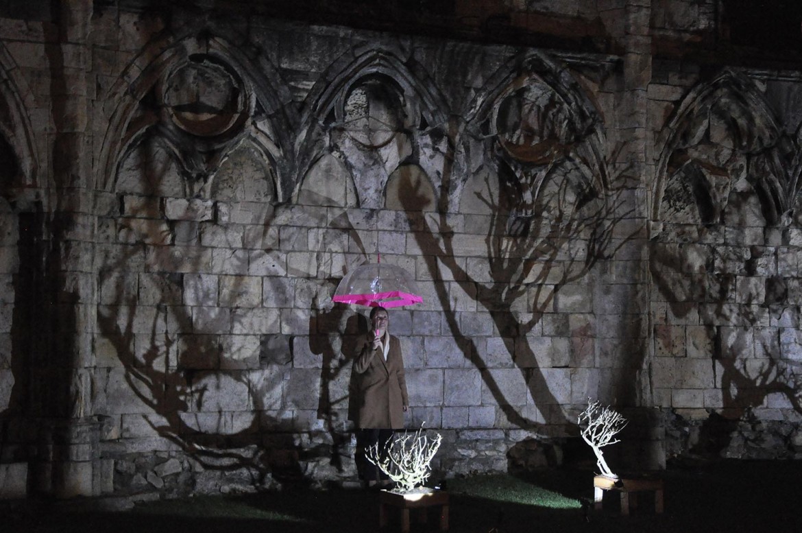 A shadowy scene at the abbey ruins in Museum Gardens