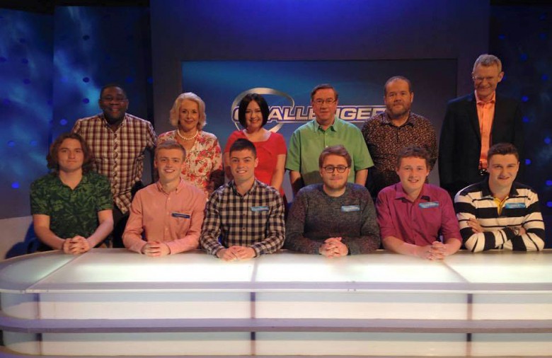 The York team at the front on the set of the quiz with the Eggheads and Jeremy Vine (right) behind