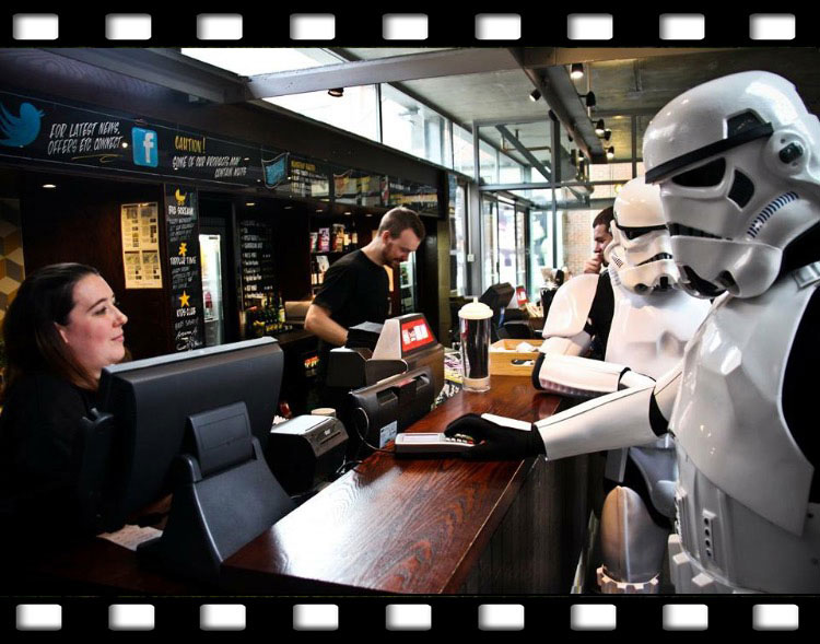 Small dry white wine please… a Stormtrooper in the City Screen bar