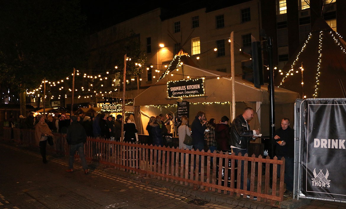 Long queues for the Shambles Kitchen German sausages at the St Nick's Fair