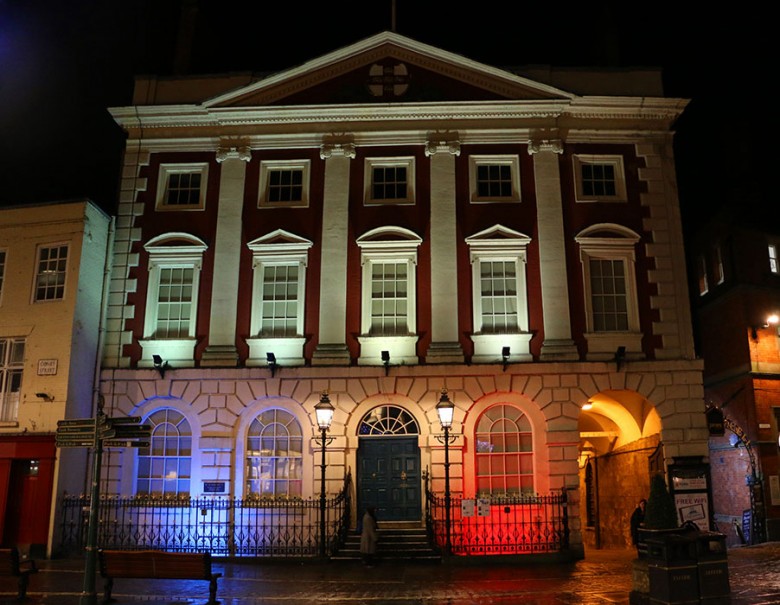 The Lord Mayor's official residence lit in the colours of the French flag 