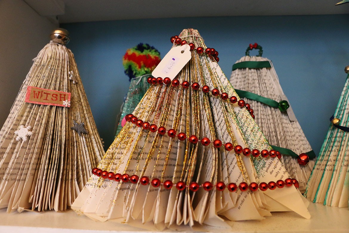 Festive trees, which are made from donated books, £6.50