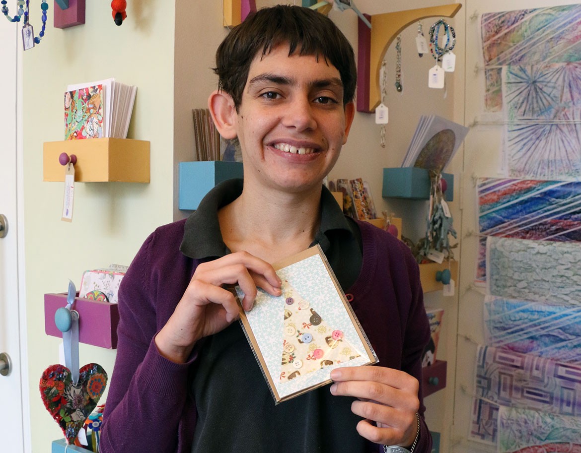 Mary with one of the cards she has made