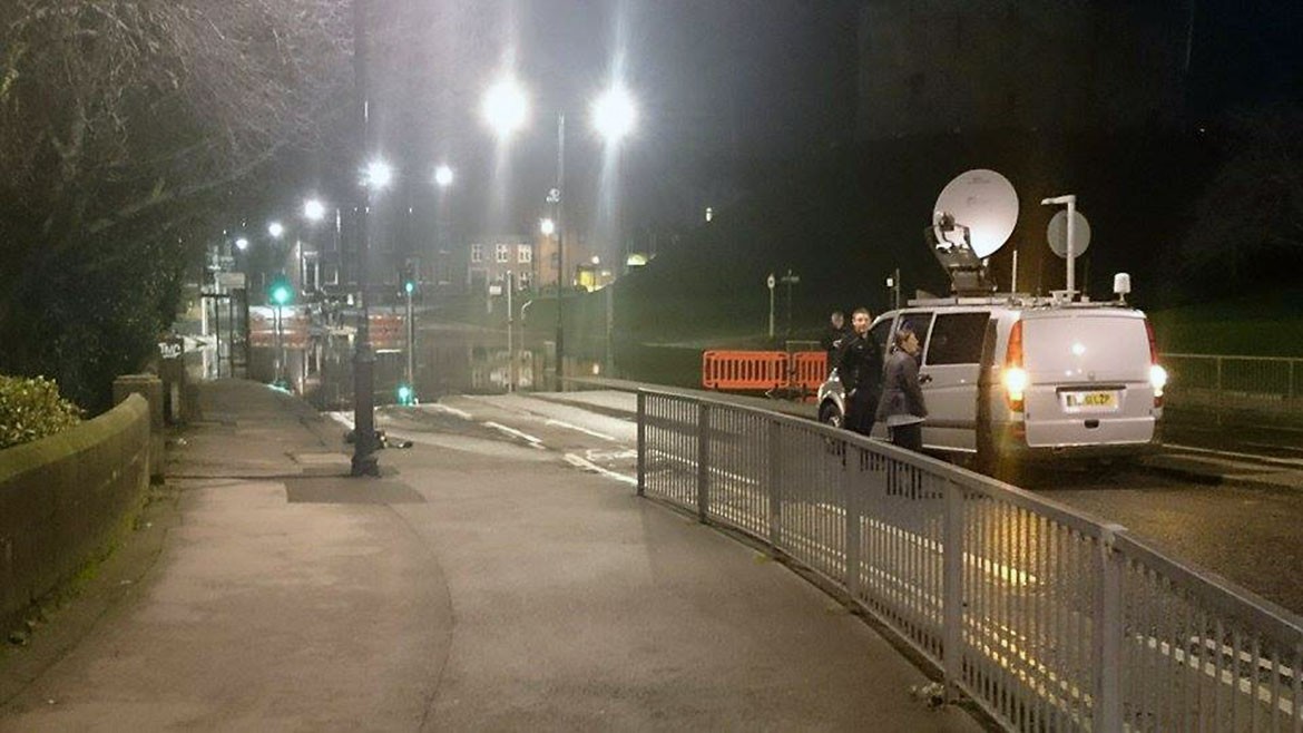 A media crew outside Clifford's Tower near the floods. Photograph: Nico Chendi