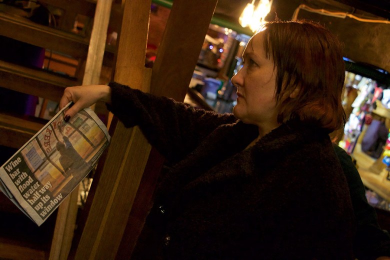 The shadow minister in Plonkers Wine Bar on Cumberland Street, badly hit by the floods – and not for the first time
