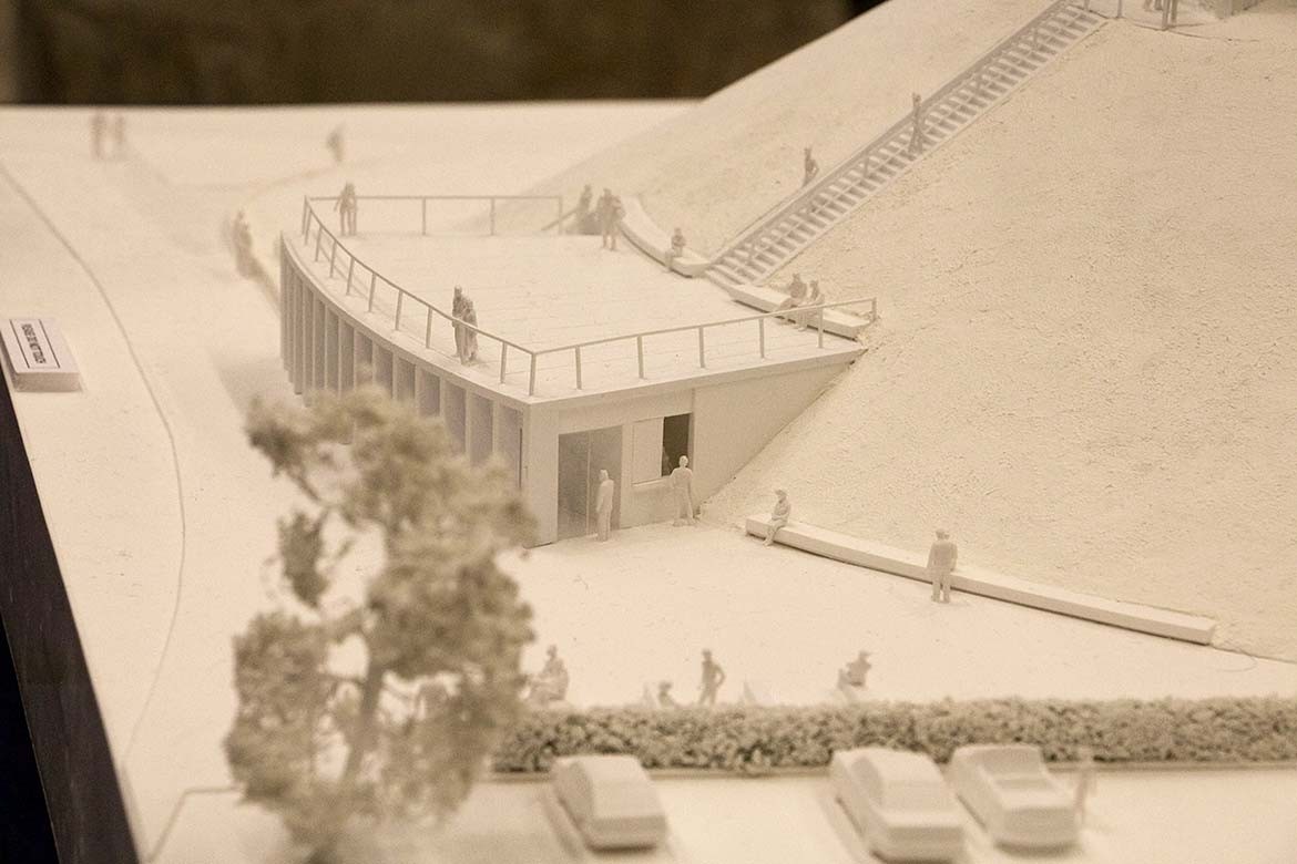 A close-up view showing how the visitor centre would be incorporated into the motte