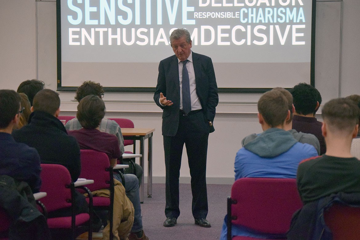 Roy Hodgson talks to York University students inside Alcuin College. Photograph: Jack Gevertz