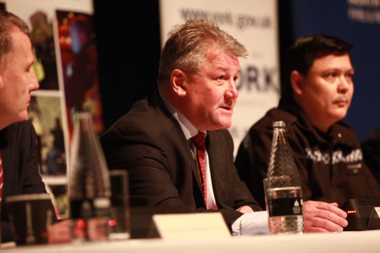 Mark Scott, regional director from the Environment Agency, tells the Barbican meeting how the floods unfolded. Photograph: City of York Council