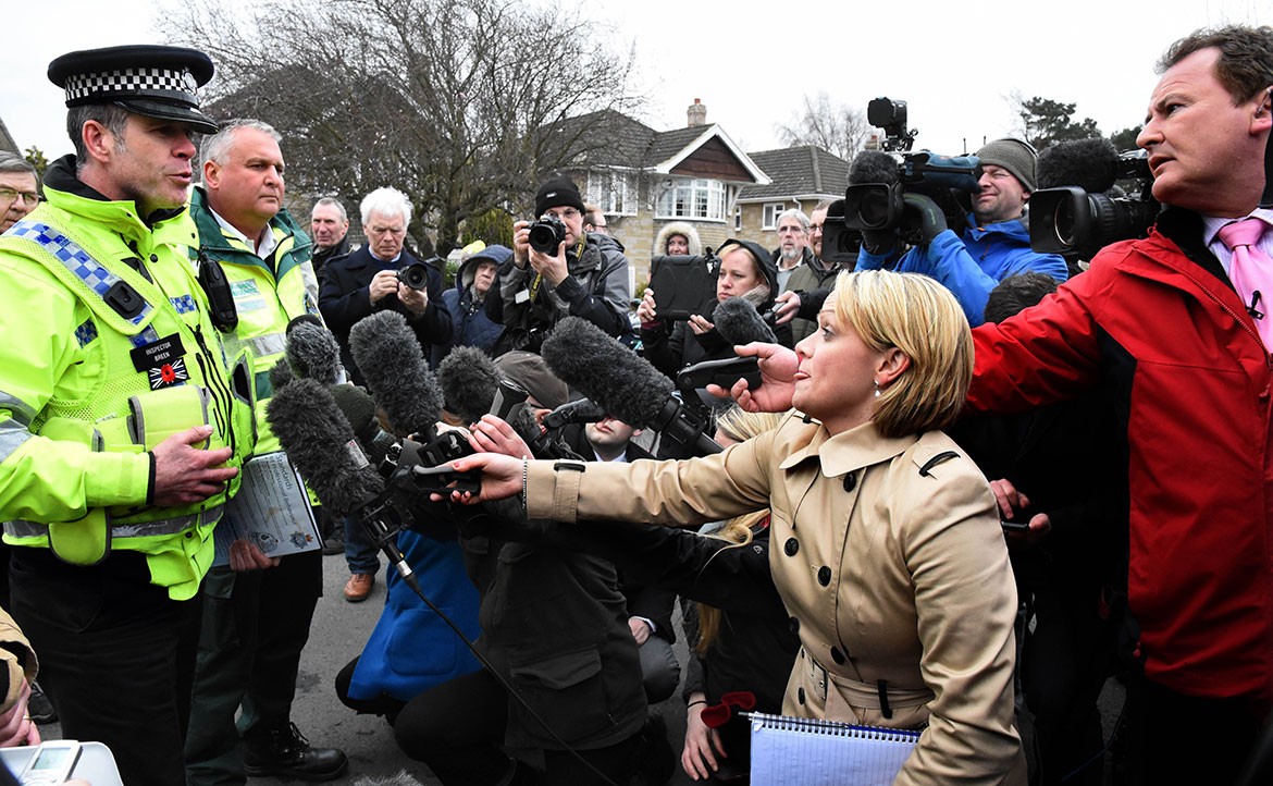 Inspector Steve Breen of North Yorkshire Police briefs the media in Haxby. Photograph: Nigel Holland