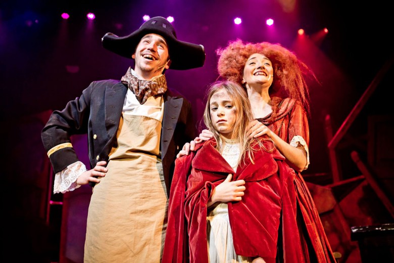 Masters indeed… Sam Baxter as Thenardier, Maya Bartley O'Dea as Madame Thenardier, with Emily Belcher as Little Cosette Photograph: Matthew Kitchen Photography