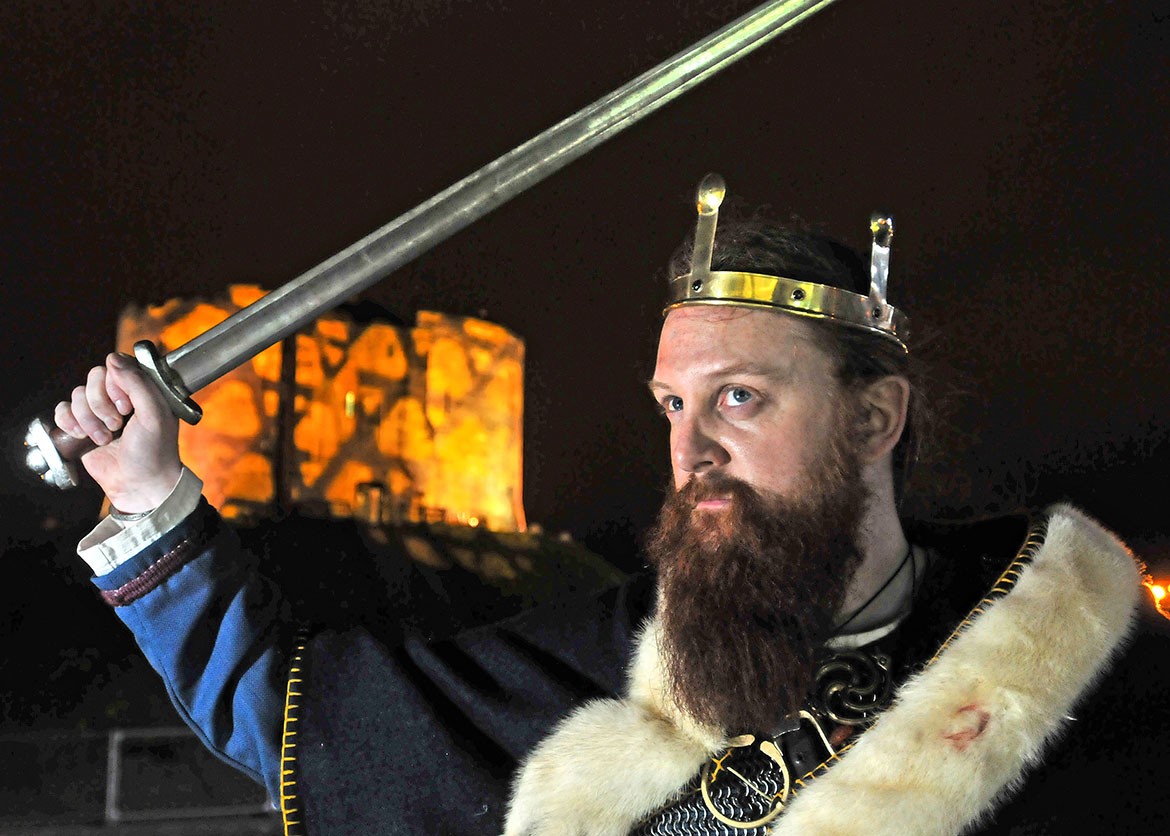 King Canute (Ross Taylor), ready for battle, with Clifford's Tower as his backdrop