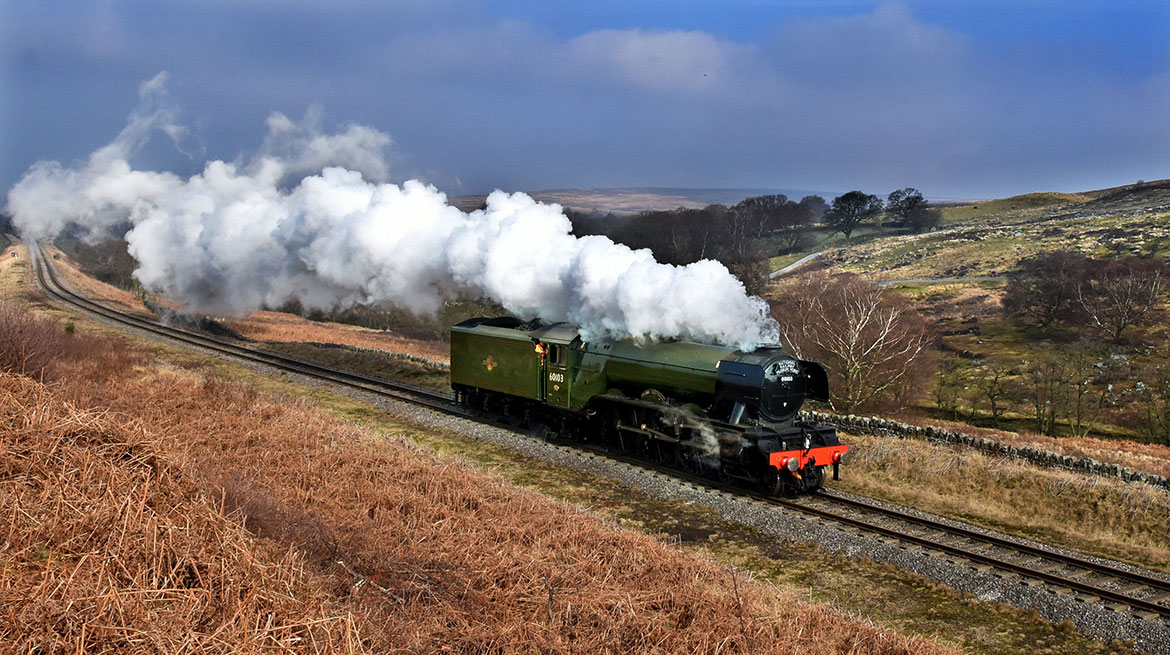 Unfettered by its coaches, Flying Scotsman roars down the track in glorious Yorkshire countryside