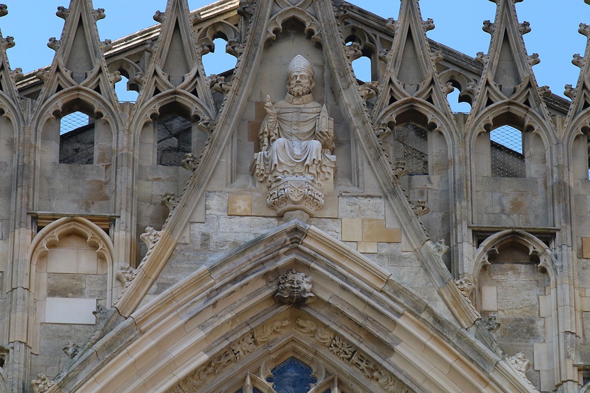 The Minster is dedicated to St Peter, and here he is atop the renovated East Front. Photograph: Richard McDougall