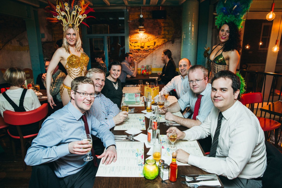 York Press journalists Haydn Lewis, Gavin Aitchison, Mike Laycock, Laura Knowles and friends receive a bespoke cocktail masterclass at their table. Photograph: Tom Joy Photography 