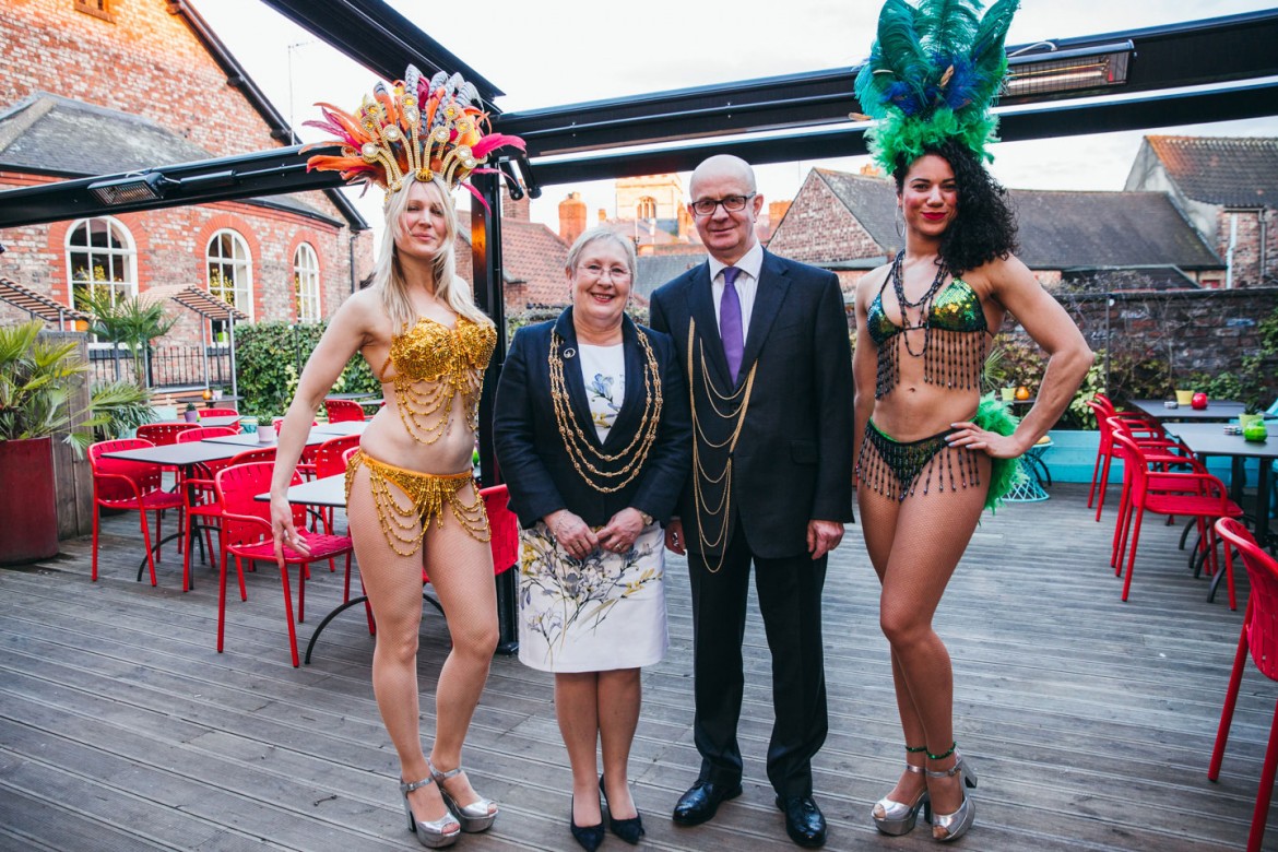 The Lord Mayor of York, Cllr Sonja Crisp, and Lord Mayor’s Consort Ian Crisp on the roof terrace with two new friends. Photograph: Tom Joy Photography