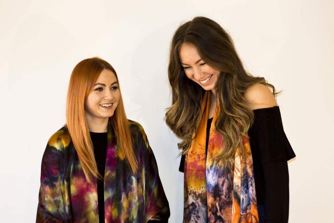 Ruth Gibbs and Natalie Herbert model their Japanese-inspired hand-dyed scarves