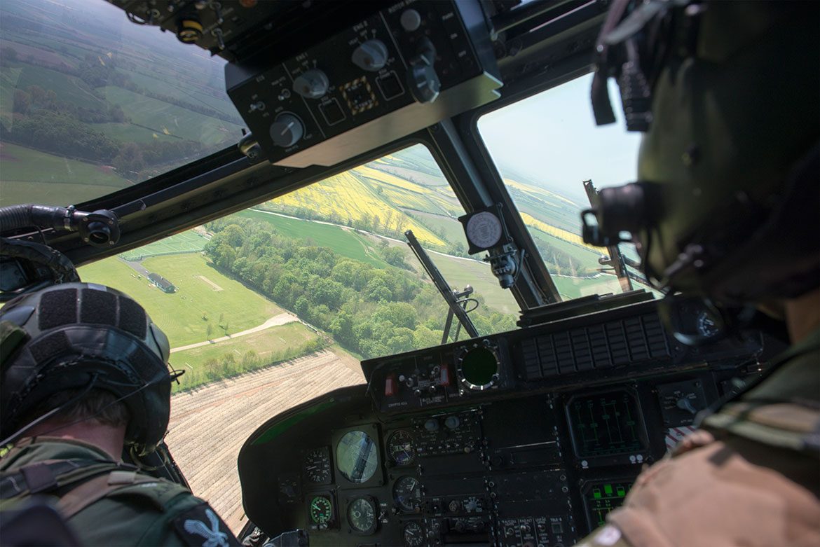 A pilot's eye view as the Lynx turns across the Yorkshire countryside