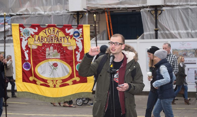 University of York student union president Ben Leatham speaks to the rally