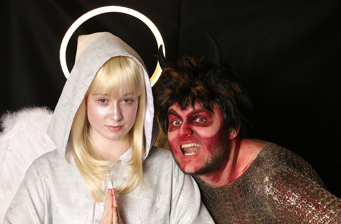 Naughty and nice… Marcus Richardson as the Devil and Imogen Ruby Little his angelic companion. Photograph: Richard McDougall