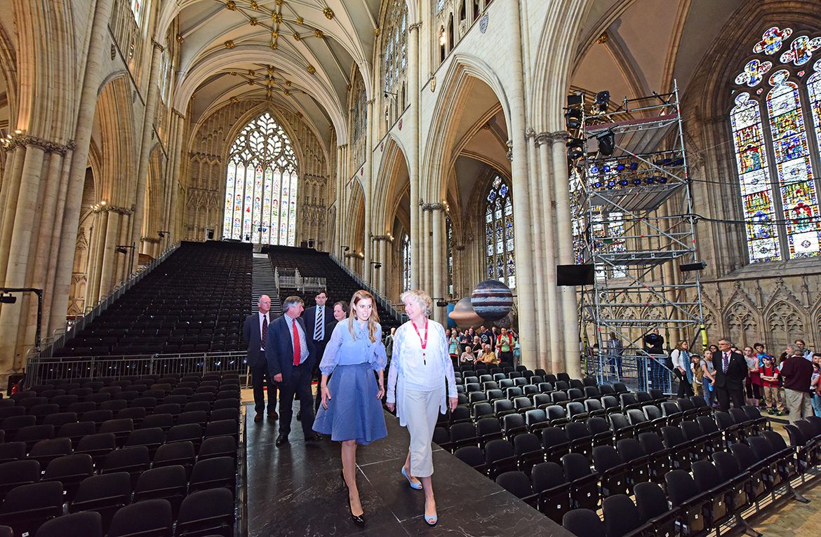 Princess Beatrice is show the set in the Minster's Nave by Mystery Plays producer Nicola Corp. Photograph: Anthony Chappel-Ross