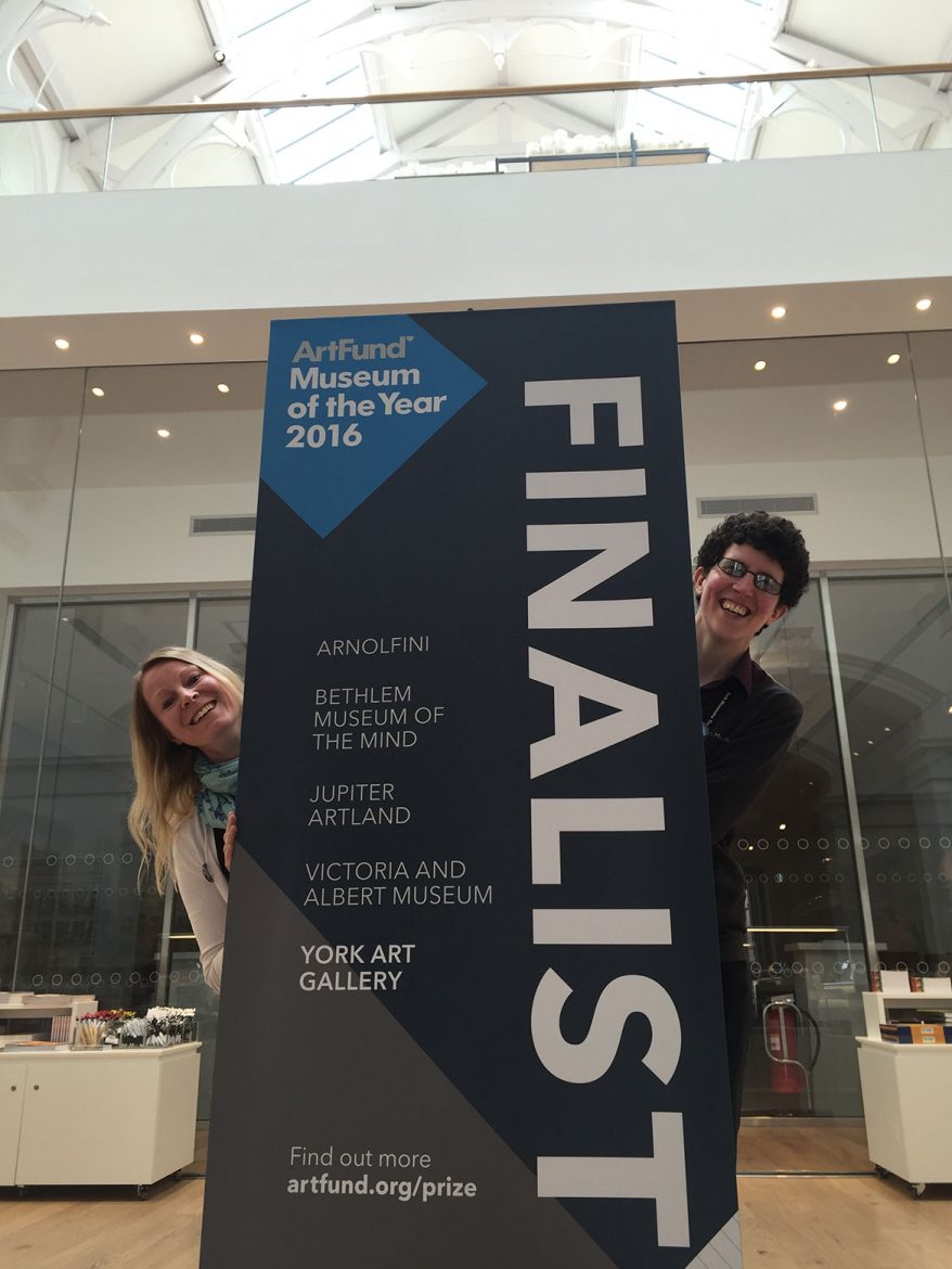 Lorna Hogger, assistant curator of art, and Hannah Savage, welcome team leader, celebrate the gallery becoming a finalist in the Art Fund Museum of the Year