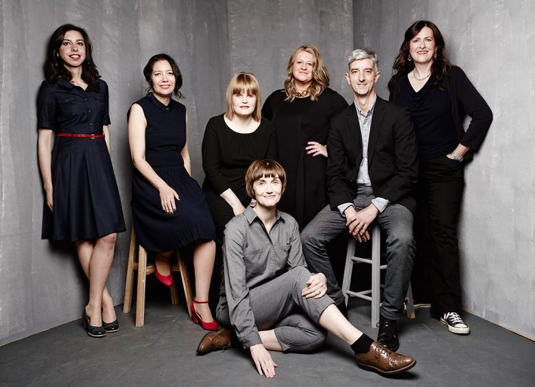 The art gallery team captured in this portrait by Rankin. L-R: Laura Turner (Senior Curator of Art and Science); Reyahn King (Chief Executive); Helen Walsh (Curator of Ceramics); Charlotte Kindesjo (Head of Communications); Clare Twomey (Artist); Michael Woodward (Chief Operating Officer); Alison Pringle (Gardens Manager)