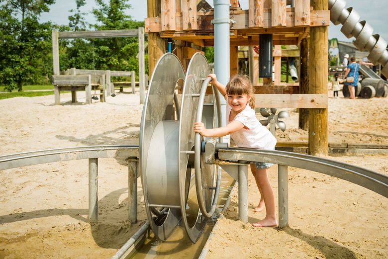 The Water Feature Tower, incorporating the big water wheel, maze of channels and a giant Archimedes screw, is a new addition to the York Maze sand and water play area in 2016