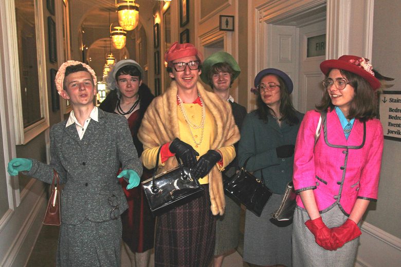In disguise. The witches (left to right)  (left to right): Adam Kane, Stan Gaskell, Simon Ellwood, Tom Bruce, Emma Harwood, Eleanor Thornton