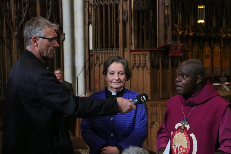 Jules Bellerby of BBC Radio York, Dean Faull and Archbishop Sentamu at the press conference