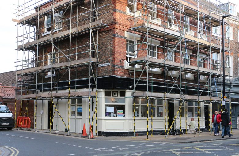 Encased in scaffolding: the Bootham Tavern