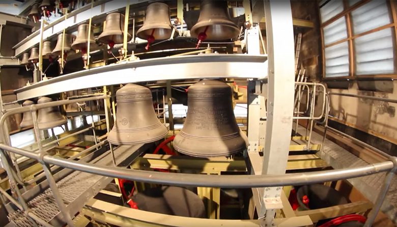 The 12 bells in York Minster bell tower including, at the bottom, Great Peter