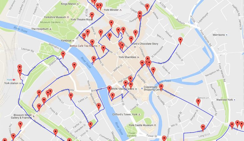 York pubs plotted… a screenshot of the local route