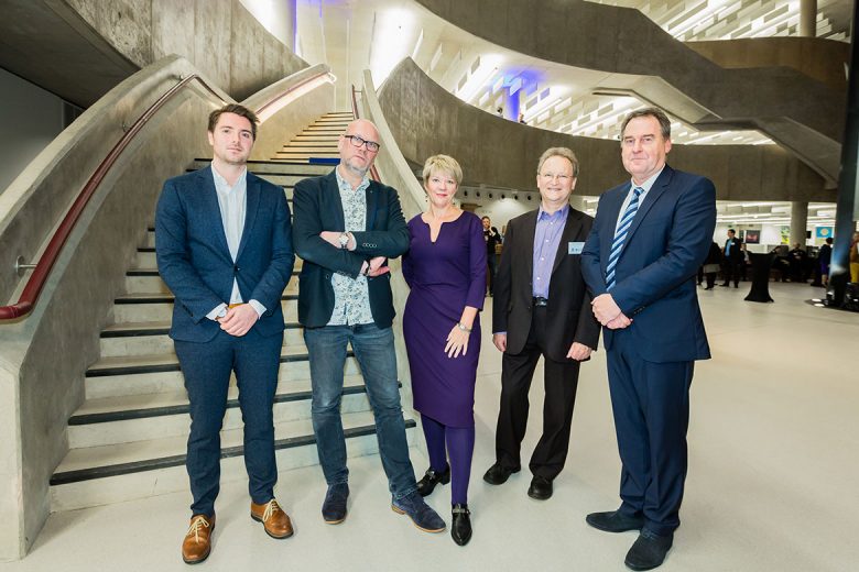 The team responsible for the York UNESCO City of Media Arts plans: L-R Stuart Goulden, Marcus Romer, Jane Lady Gibson (chair of Make It York), Chris Bailey (Master of the Guild of Media Arts) and Steve Brown (managing director of Make It York)