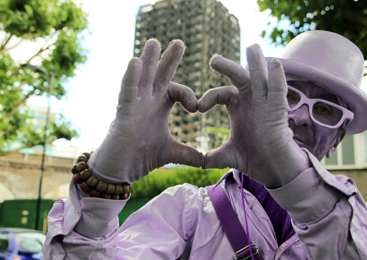 Purpleman invited to Grenfell Tower community day after delivering love and flowers from York