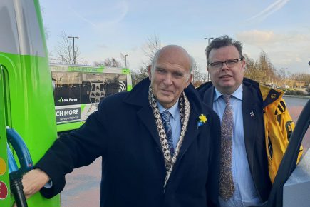 Lib Dem leader Vince Cable jumps on the bus in York