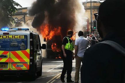 Dramatic pictures show minibus in flames in York city centre