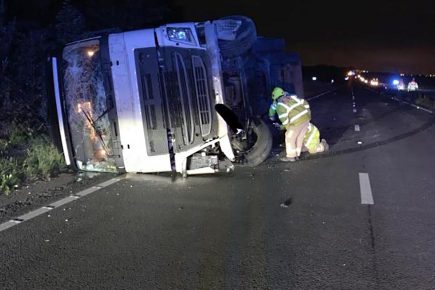A64 west-bound closed as lorry overturns