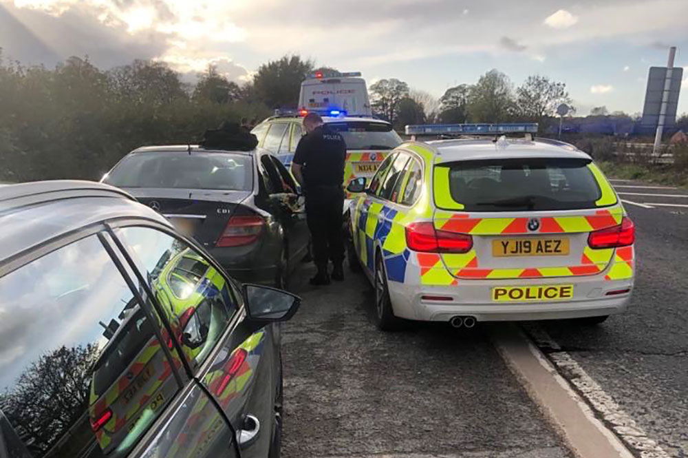 Four arrested and knife seized after car clocks 100mph on A64