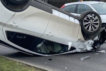 Updated: Car lands on its roof after crash in Selby