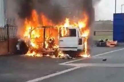 Dramatic pictures show van go up in flames in Selby