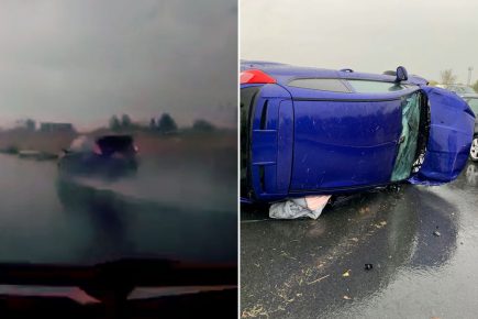 Watch: Car drives at ‘absolutely ridiculous’ speeds in torrential rain seconds before crashing