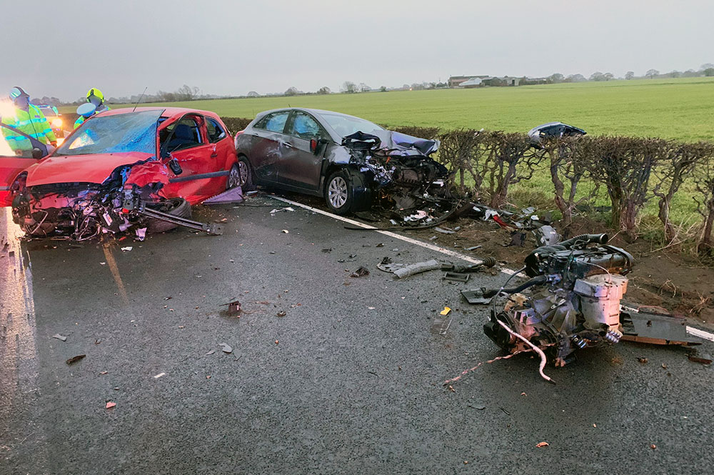 Head-on collision leaves wreckage strewn across a road near York