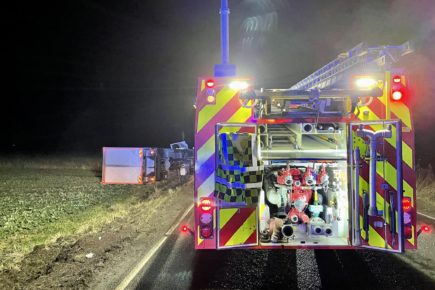 HGV left on its side after an accident on main North Yorkshire road