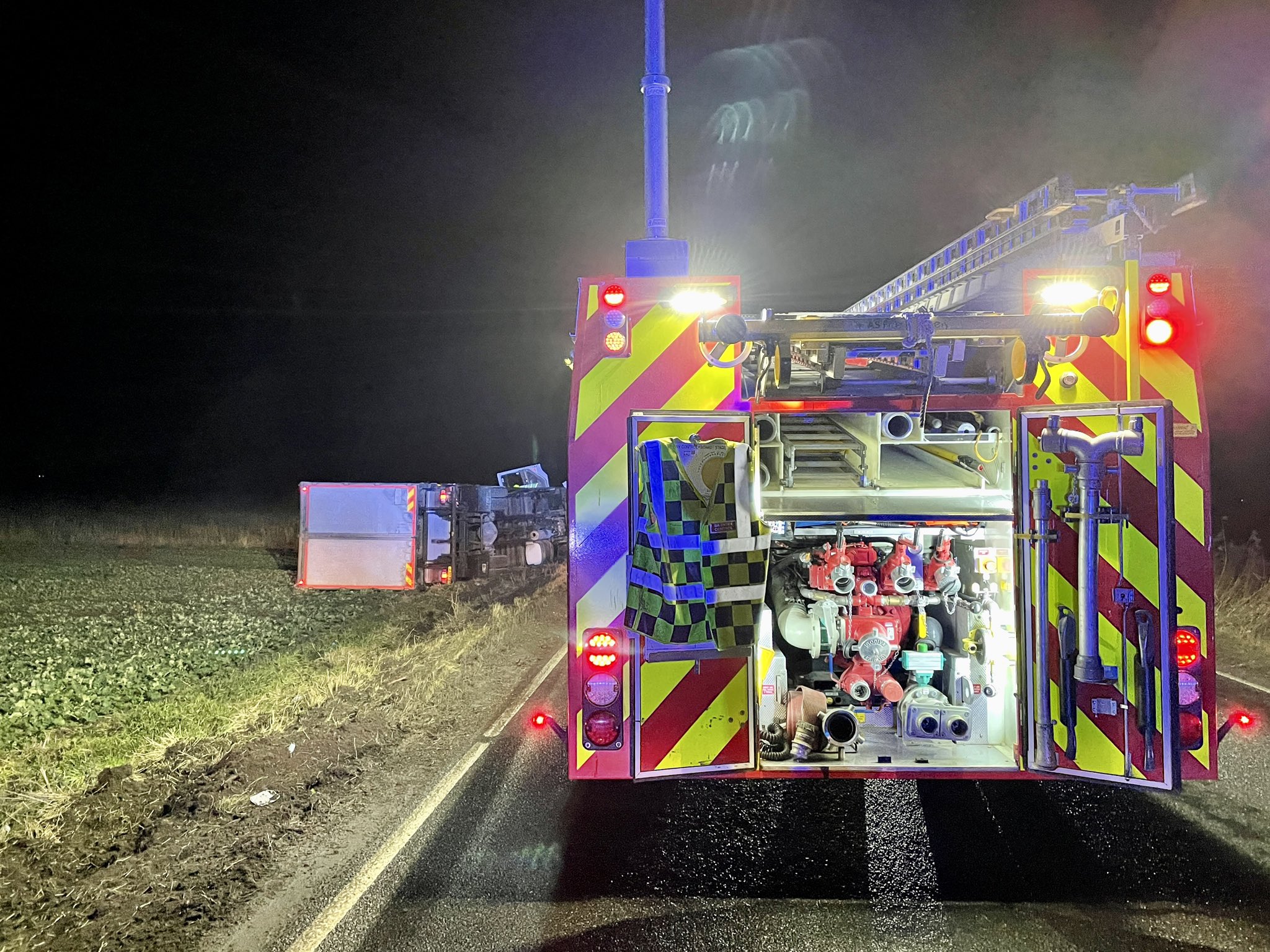 HGV left on its side after an accident on main North Yorkshire road
